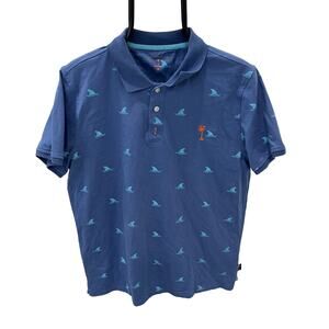 Margaritaville Men's MD Blue Shark Fin Print Palm Tree Logo Polo Shirt Fin’s Up